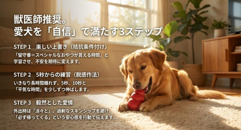 分離不安を克服するための行動療法ロードマップ。1.お留守番を楽しいことに変える「拮抗条件付け」、2.短い時間から慣らす「脱感作法」、3.毅然とした愛情で接する態度の3段階