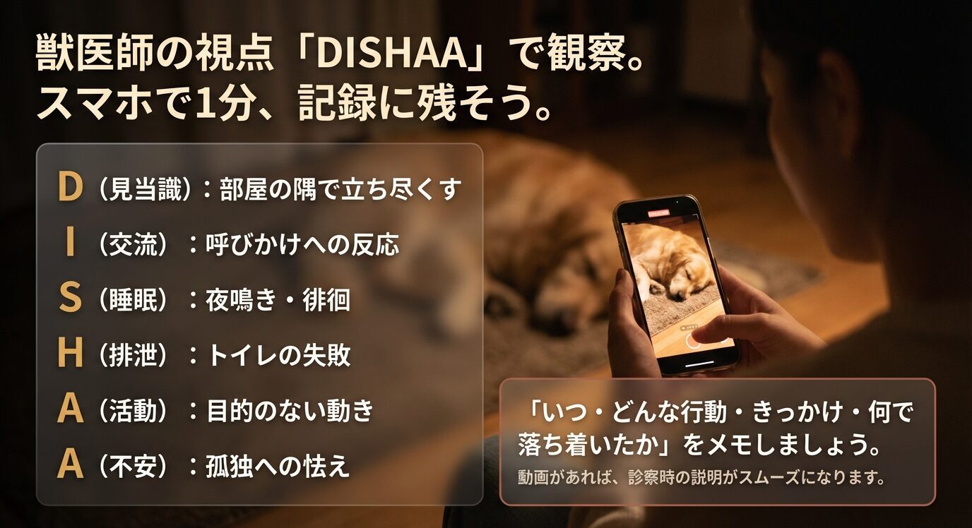 老犬の行動変化を記録するためのDISHAA（見当識・交流・睡眠・排泄・活動・不安）の観察ポイントと、スマホでの記録のコツ。