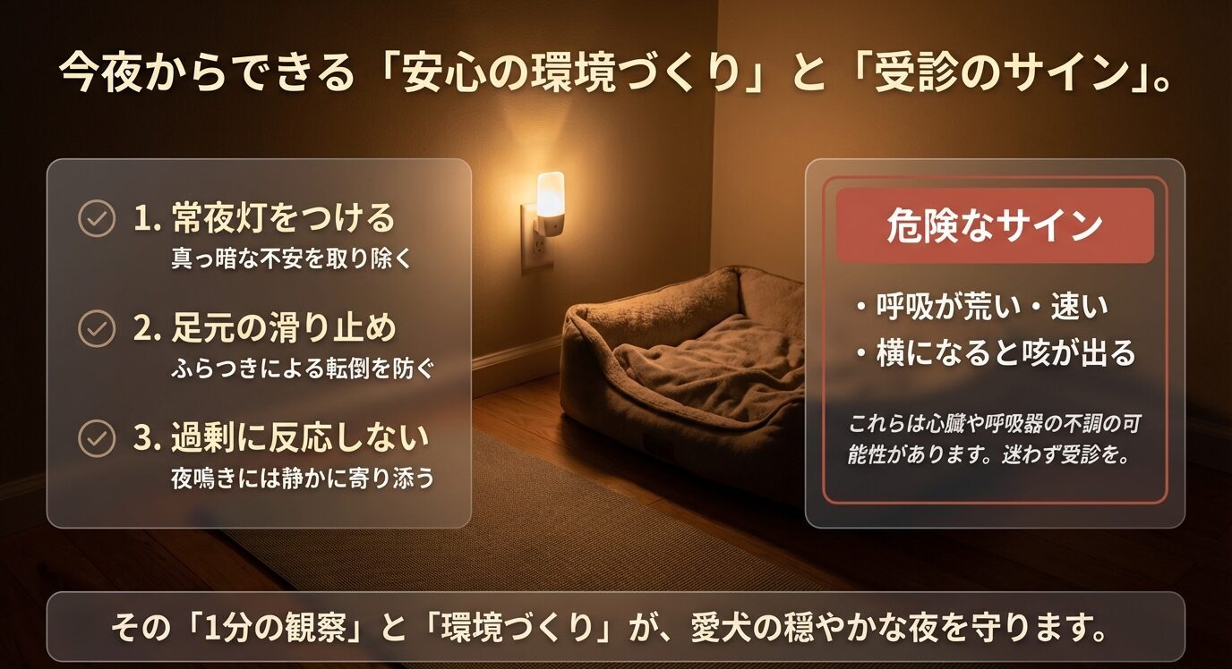 老犬のために家庭でできる3つの環境対策（常夜灯・滑り止め・接し方）と、呼吸器や心臓の不調を示す危険なサインのまとめ。