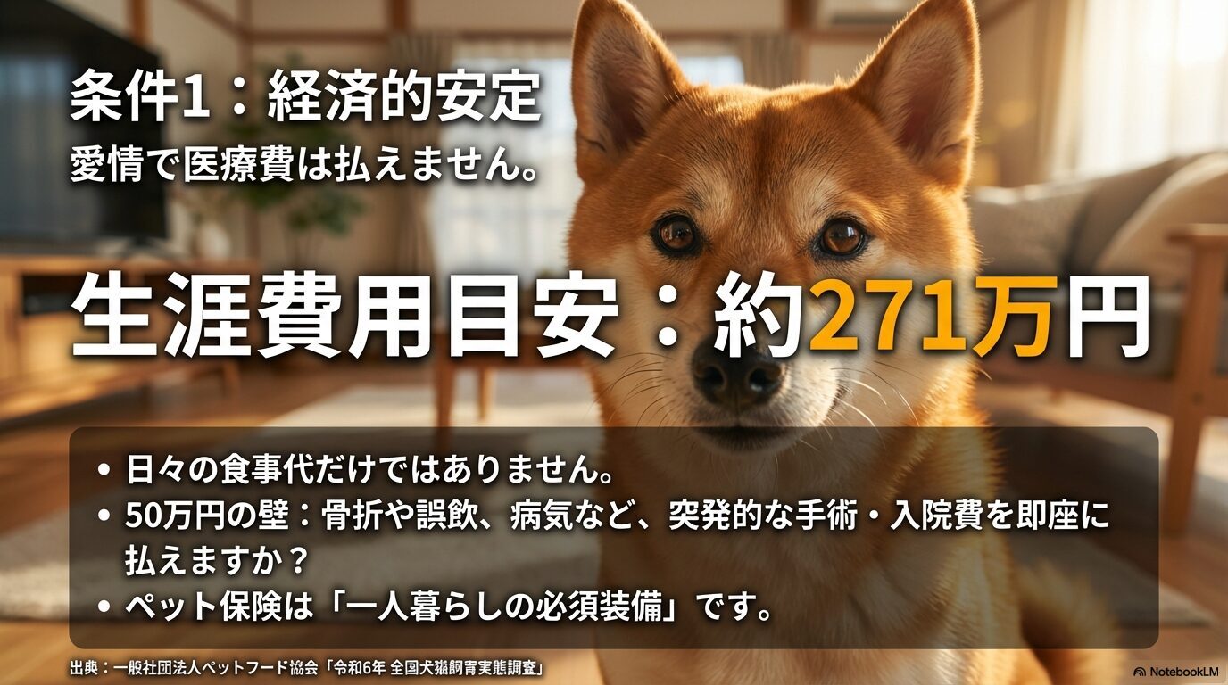 犬を飼う条件1として経済的安定が必要であり、犬の生涯費用の目安が約271万円であることと、突発的な50万円の医療費に備える必要性を示したスライド 