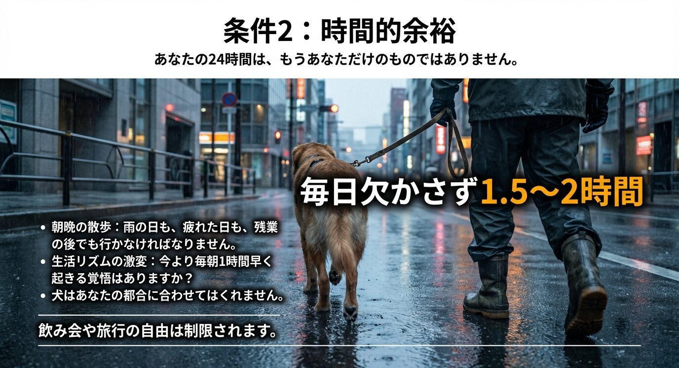 犬を飼う条件2として時間的余裕が必要であり、毎日欠かさず1.5〜2時間を散歩や世話に使う必要があること、生活リズムが犬中心になることを示したスライド 