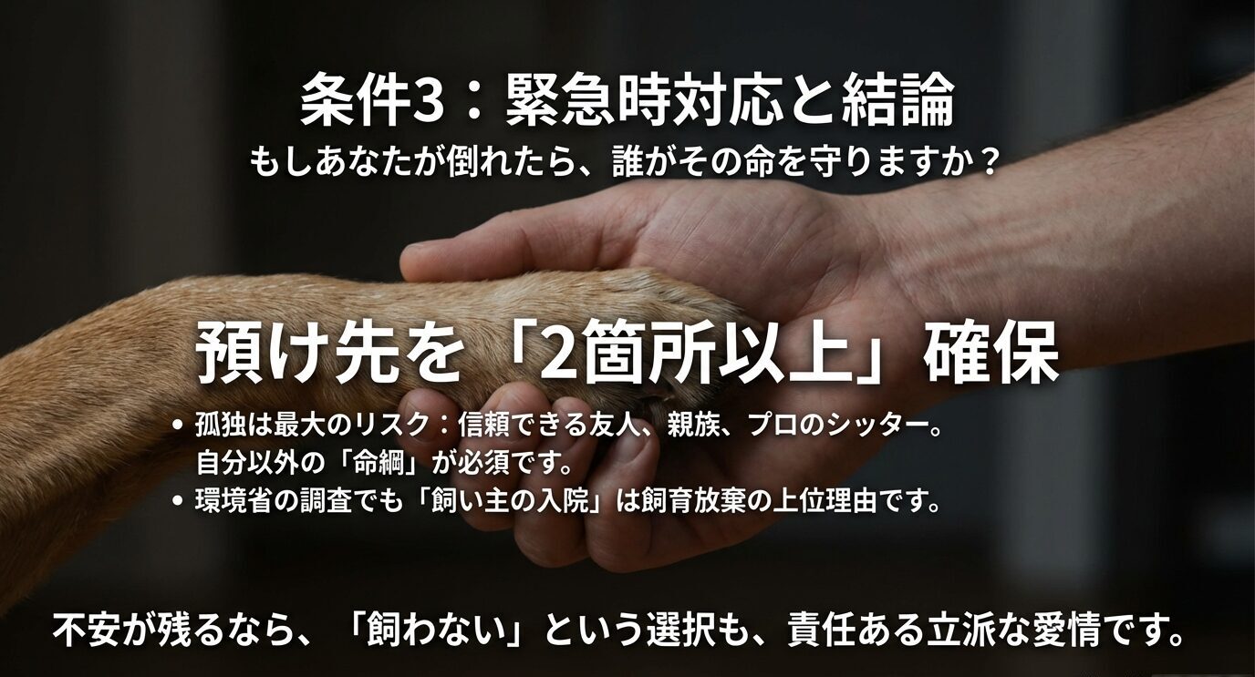 犬を飼う条件3として緊急時対応が必要であり、飼い主が倒れた場合に備えて、信頼できる預け先を2箇所以上確保する重要性と、「飼わない」という選択も責任ある愛情であることを示したスライド 
