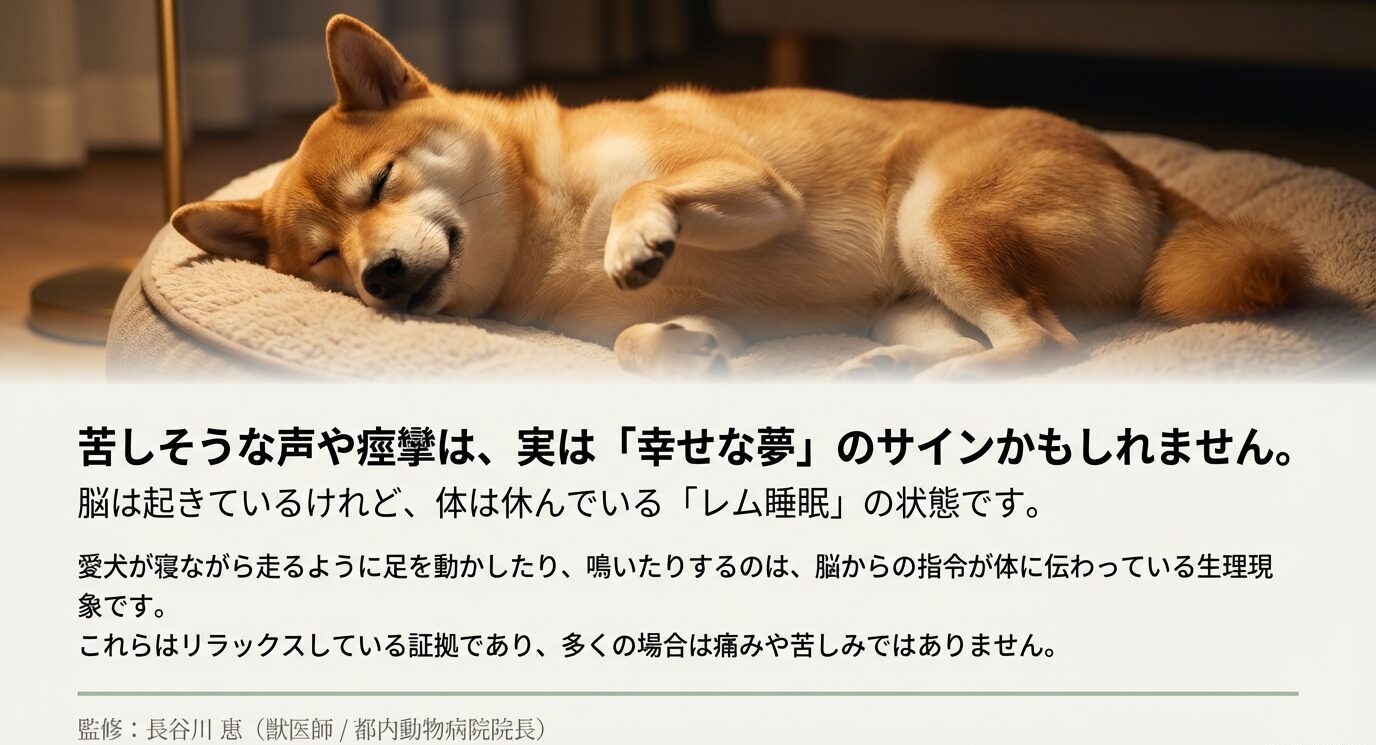 犬が寝ながら足を動かしたり鳴いたりするのは、レム睡眠による夢が原因。脳は起きているが体は休んでいるリラックス状態を示す獣医師監修の解説スライド 。