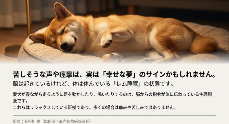 犬が寝ながら足を動かしたり鳴いたりするのは、レム睡眠による夢が原因。脳は起きているが体は休んでいるリラックス状態を示す獣医師監修の解説スライド 。
