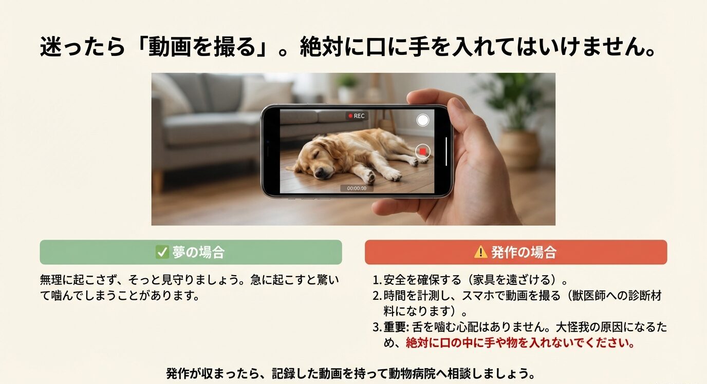 迷ったらスマホで動画を撮影する重要性と手順。口の中に手を入れるのは絶対NGなどの禁止事項と、夢の場合・発作の場合それぞれの適切な対応フロー 。