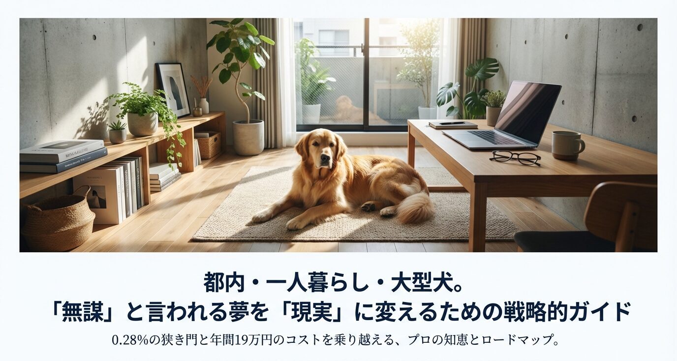 都内のマンションでゴールデンレトリバーと暮らす理想的なリビングの様子。「無謀」と言われる一人暮らしでの大型犬飼育を、0.28%の物件探しと年間19万円のコスト管理で実現するプロの戦略的ロードマップ。