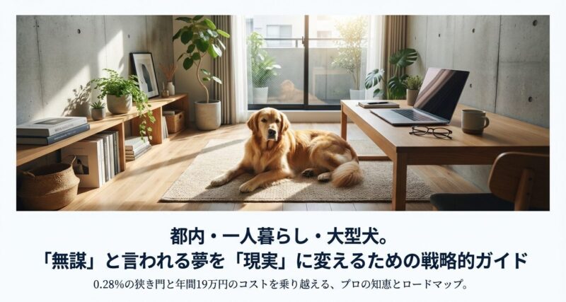 都内のマンションでゴールデンレトリバーと暮らす理想的なリビングの様子。「無謀」と言われる一人暮らしでの大型犬飼育を、0.28%の物件探しと年間19万円のコスト管理で実現するプロの戦略的ロードマップ。