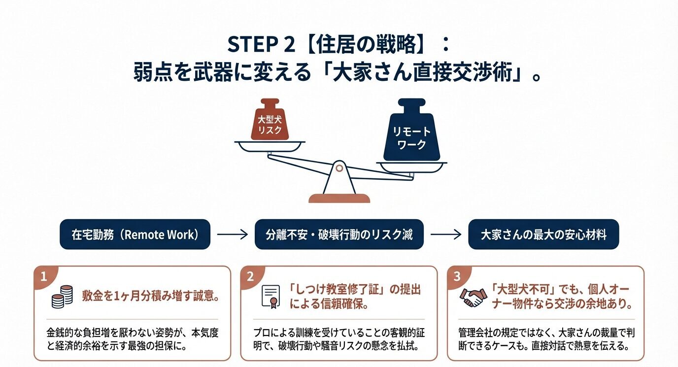 弱点を武器に変える交渉テクニック。在宅勤務による安心感、敷金の積み増し、しつけ教室修了証の提出など、大家さんの信頼を勝ち取るための3つのアクション。