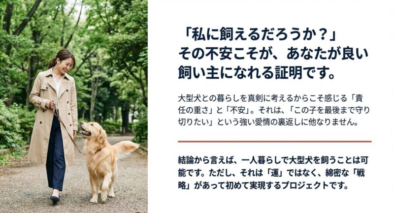 「私に飼えるだろうか？」という不安こそが良い飼い主の資質であるというメッセージ。大型犬との暮らしを真剣に考える責任感と愛情についての解説スライド。