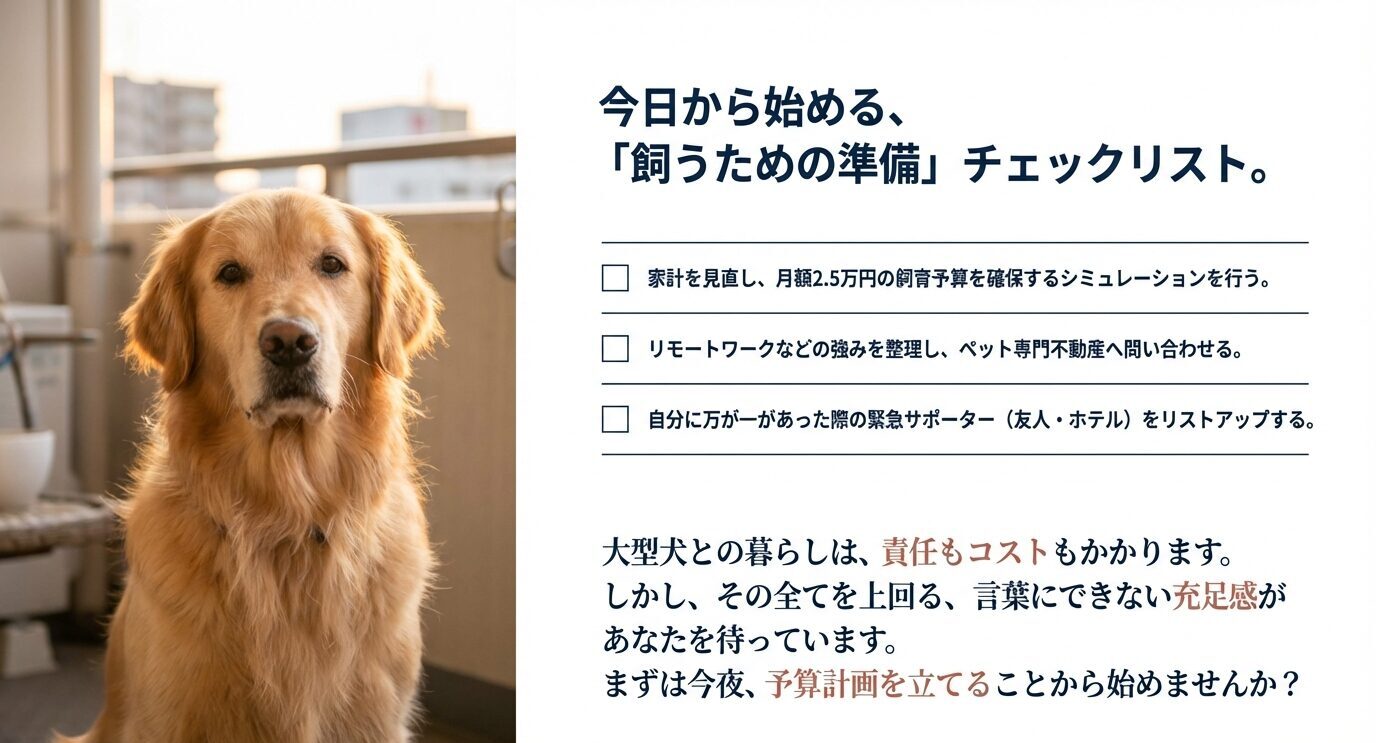 家計の見直し（月2.5万円確保）、ペット専門不動産への問い合わせ、緊急サポーターのリストアップなど、夢を現実にするための具体的なアクションリスト。