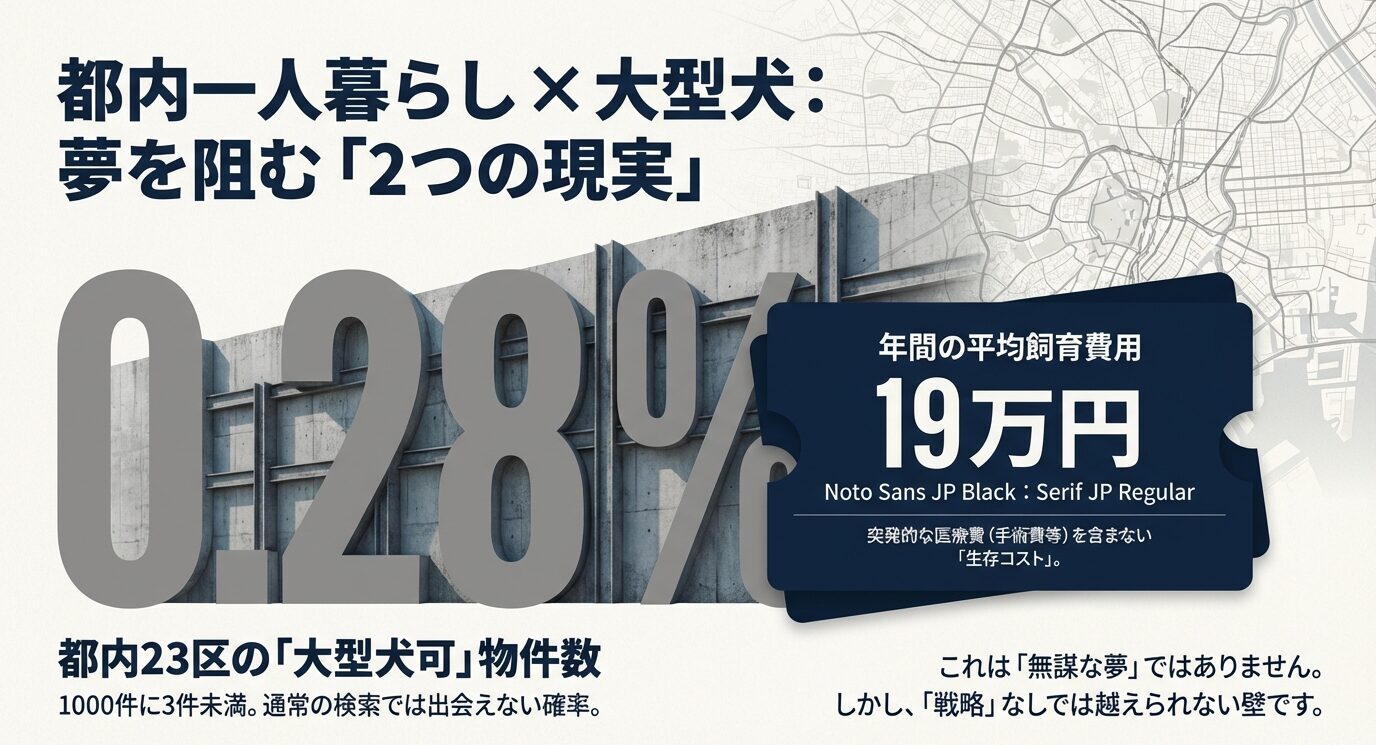 夢を阻む2つの壁。都内1LDKの大型犬可物件はわずか0.28%（1000件中3件未満）、年間飼育費用は約19万円というデータを可視化したグラフ。