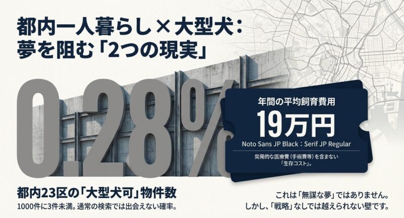 夢を阻む2つの壁。都内1LDKの大型犬可物件はわずか0.28%（1000件中3件未満）、年間飼育費用は約19万円というデータを可視化したグラフ。