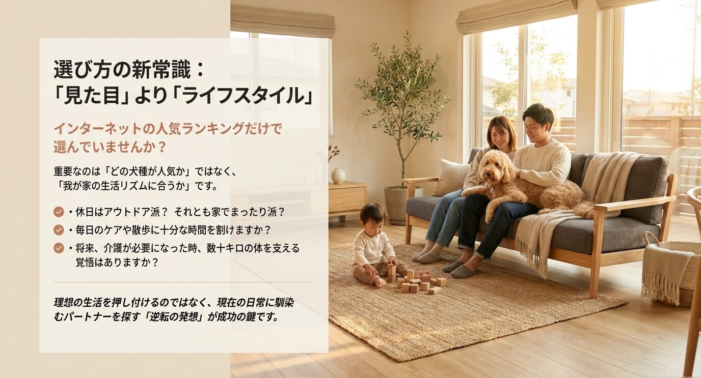 人気ランキングよりも生活リズムを重視する犬選びの考え方。休日スタイル、ケア時間、将来の介護など、自分たちの日常に合うかを確認する重要性を解説した図。