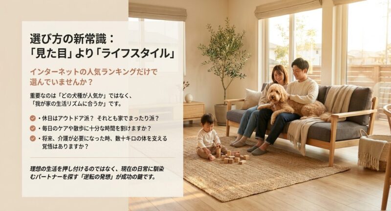 人気ランキングよりも生活リズムを重視する犬選びの考え方。休日スタイル、ケア時間、将来の介護など、自分たちの日常に合うかを確認する重要性を解説した図。