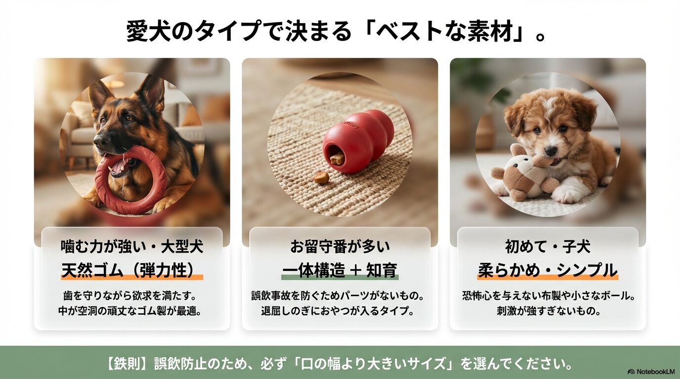 大型犬は天然ゴム、留守番は一体構造の知育玩具、子犬は布製など、愛犬のタイプに合わせてベストな素材とおもちゃの形状を分類したチャート。