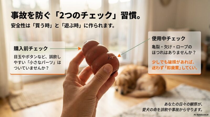 事故を防ぐためのチェックリスト。購入時は目玉などの小さなパーツがないか確認し、使用中は亀裂やほつれがないか確認する。破損があれば即廃棄することを推奨する図。