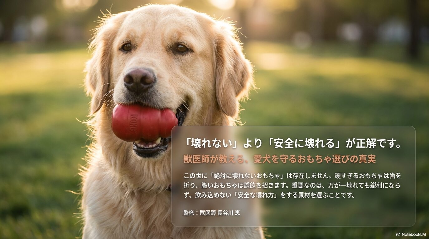 絶対に壊れない犬用おもちゃは存在せず、硬すぎる素材は歯を折る危険があるため、鋭利に割れず飲み込めない「安全に壊れる」設計が重要であると解説する獣医師監修スライド