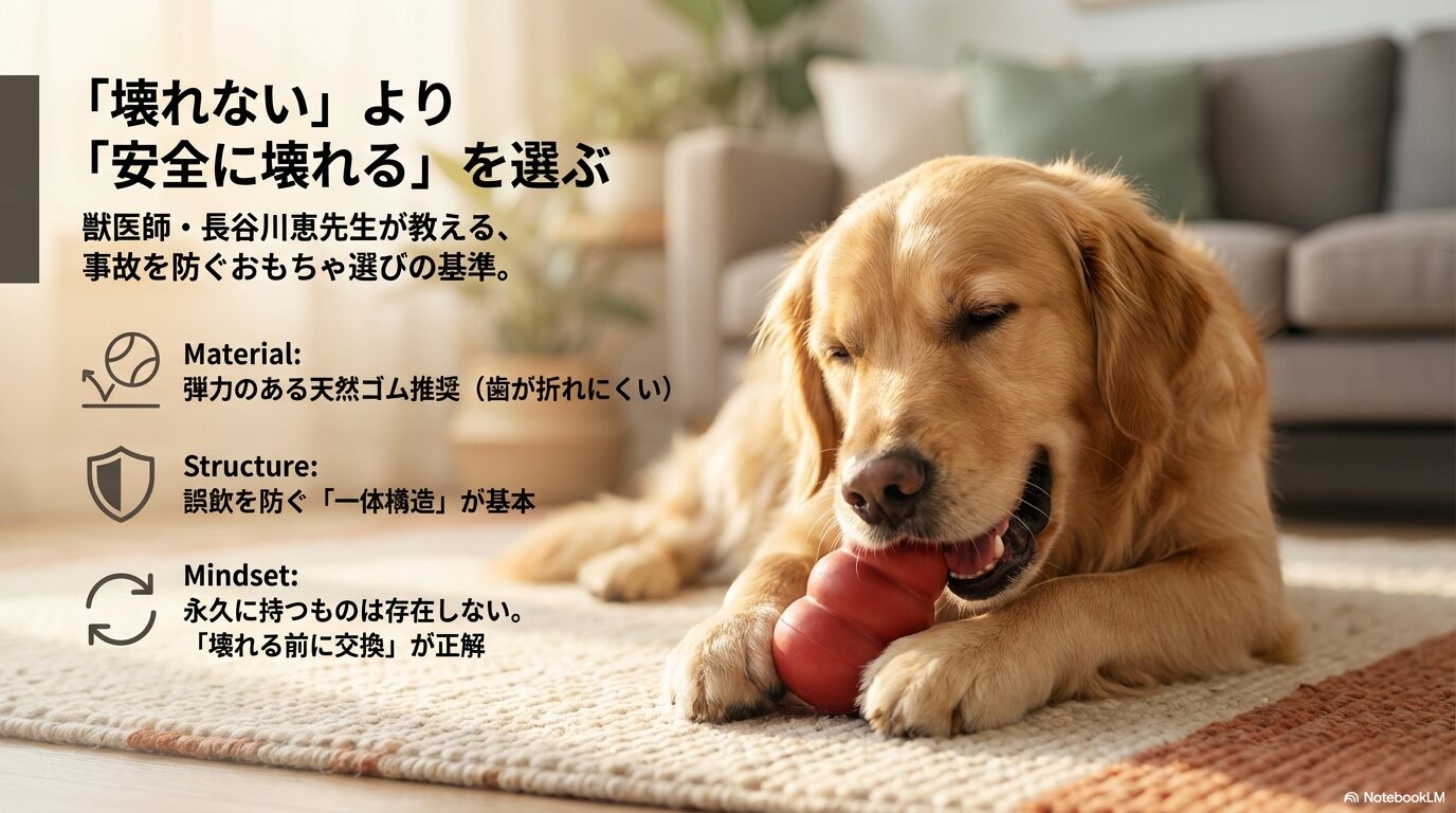 犬用おもちゃは「壊れない」より「安全に壊れる」を選ぶのが正解と示し、弾力のある天然ゴム(歯が折れにくい)、誤飲を防ぐ一体構造、永久に持つものはないため壊れる前に交換するという基準をまとめたスライド