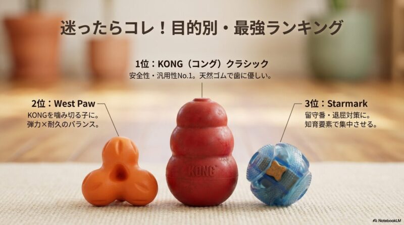 壊れにくい犬用おもちゃの目的別おすすめとして、1位KONG（安全性・汎用性No.1で天然ゴムが歯に優しい）、2位West Paw（KONGを噛み切る犬向けで弾力と耐久のバランス）、3位Starmark（留守番・退屈対策に知育要素で集中させる）を示したスライド