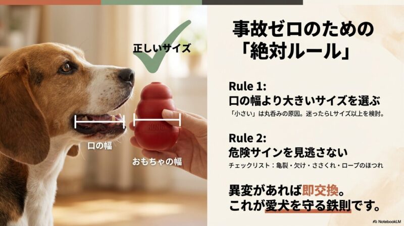 犬の口の幅とおもちゃの幅を比べて「正しいサイズ（口より大きい）」を選ぶこと、亀裂・欠け・ささくれ・ロープのほつれなど危険サインを見逃さず、異変があれば即交換するという事故防止ルールを示したスライド