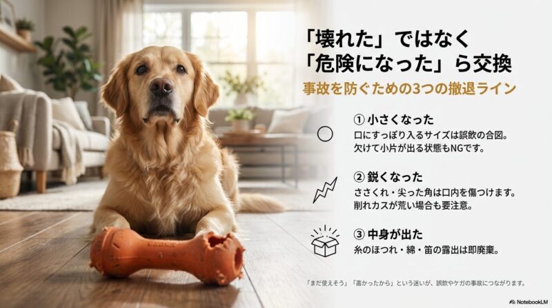 犬用おもちゃは壊れた時ではなく危険になった時に交換するべきと示し、小さくなった・鋭くなった・中身が出たの3つを撤退ラインとして解説するスライド
