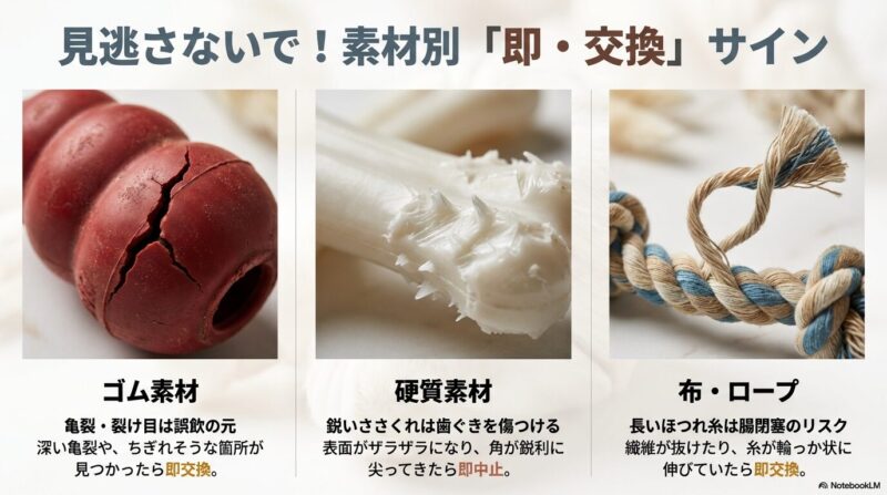 ゴム素材の亀裂や裂け、硬質素材の鋭いささくれや角の尖り、布やロープのほつれや糸の伸びなど、素材別に即交換すべき危険サインをまとめたスライド