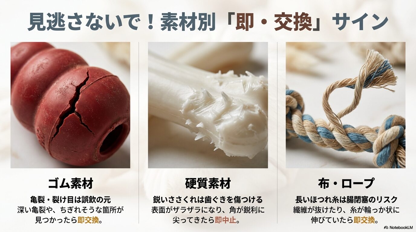 ゴム素材の亀裂や裂け、硬質素材の鋭いささくれや角の尖り、布やロープのほつれや糸の伸びなど、素材別に即交換すべき危険サインをまとめたスライド