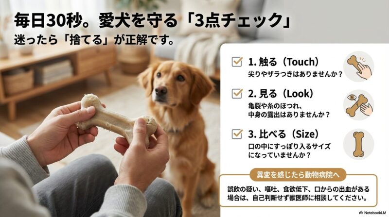 犬用おもちゃを毎日点検するための3点チェックとして、触って尖りを確認、目で亀裂やほつれを確認、口に入るサイズになっていないか比較する方法を示したスライド