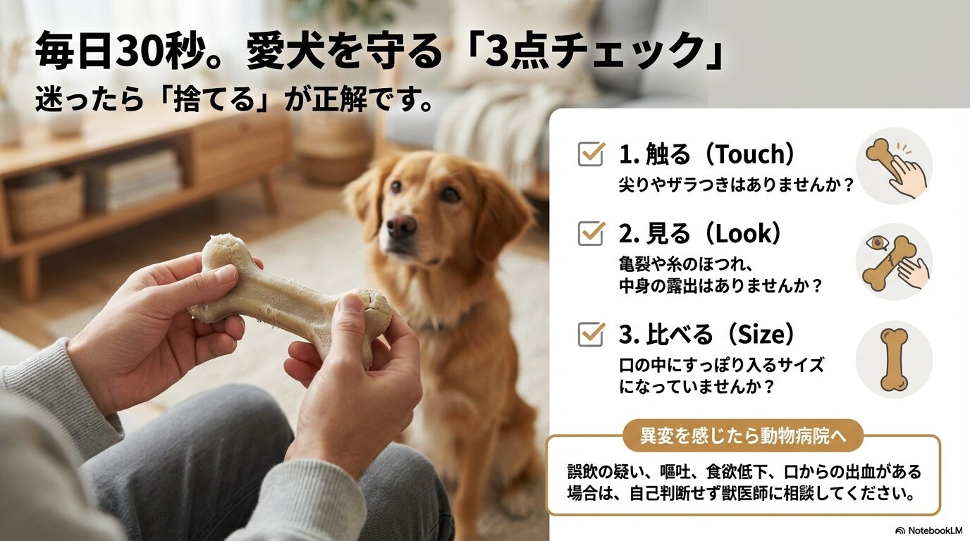 犬用おもちゃを毎日点検するための3点チェックとして、触って尖りを確認、目で亀裂やほつれを確認、口に入るサイズになっていないか比較する方法を示したスライド