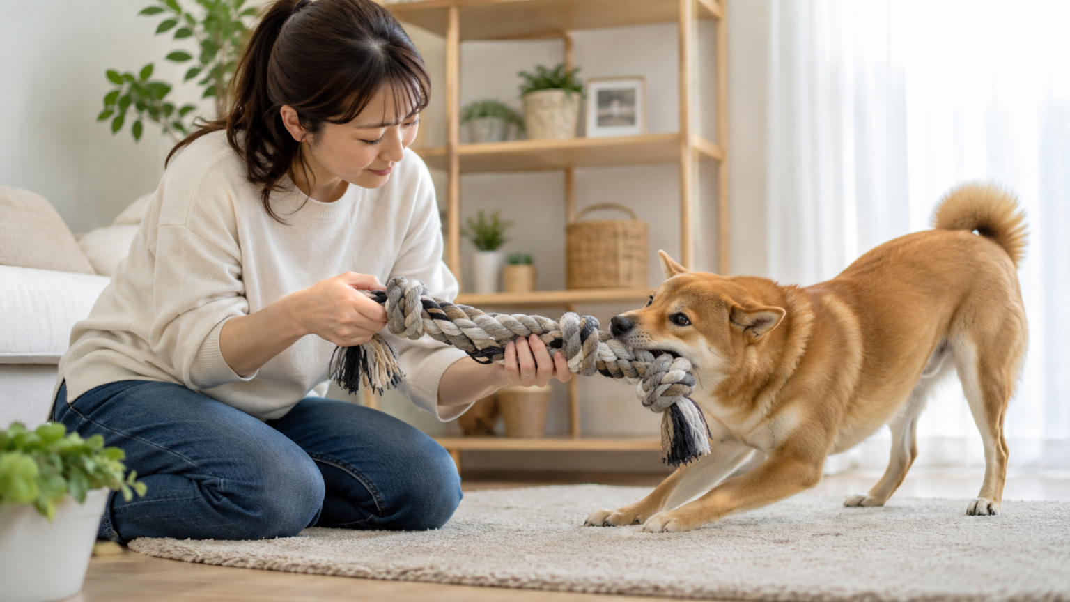 飼い主と犬がロープトイで遊ぶ様子