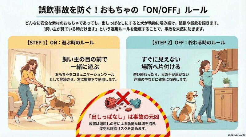 飼い主と犬が遊んでいるイラストと、遊び終わった後におもちゃを戸棚に片付けているイラスト。出しっぱなしは誤飲の原因になることを示している。