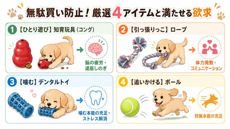 4種類のおもちゃとそれぞれが満たす欲求を示した図解