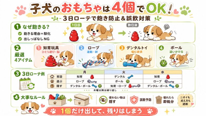 子犬のおもちゃ4個と3日ローテーションを解説した図解